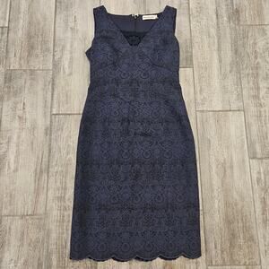 Tory Burch Dress Womens Size 4 Navy Blue Lace Pencil V Neck Strapless Lined Slit
